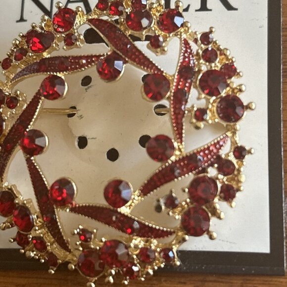 NAPIER Holiday Christmas Wreath Gold Ruby Red Crystal Brooch Pin**NEW! - Picture 2 of 3